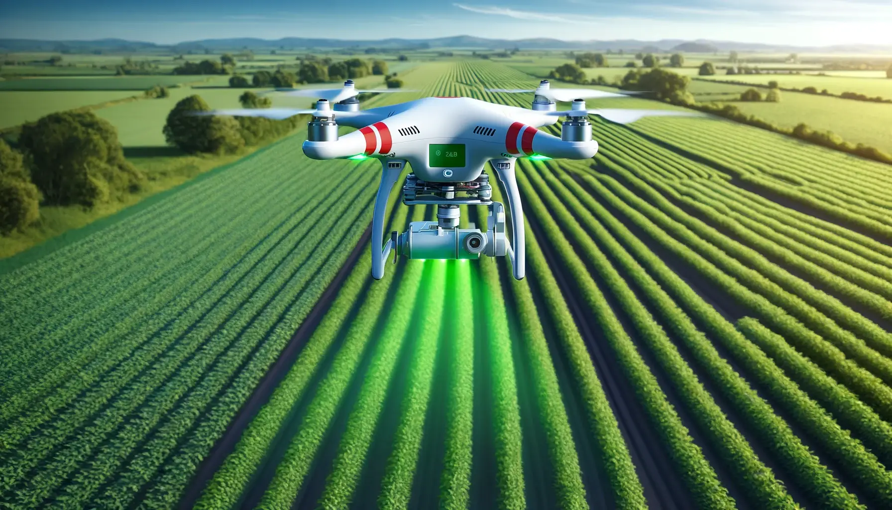 A drone flying over lush farmland, equipped with multispectral sensors for environmental monitoring.
